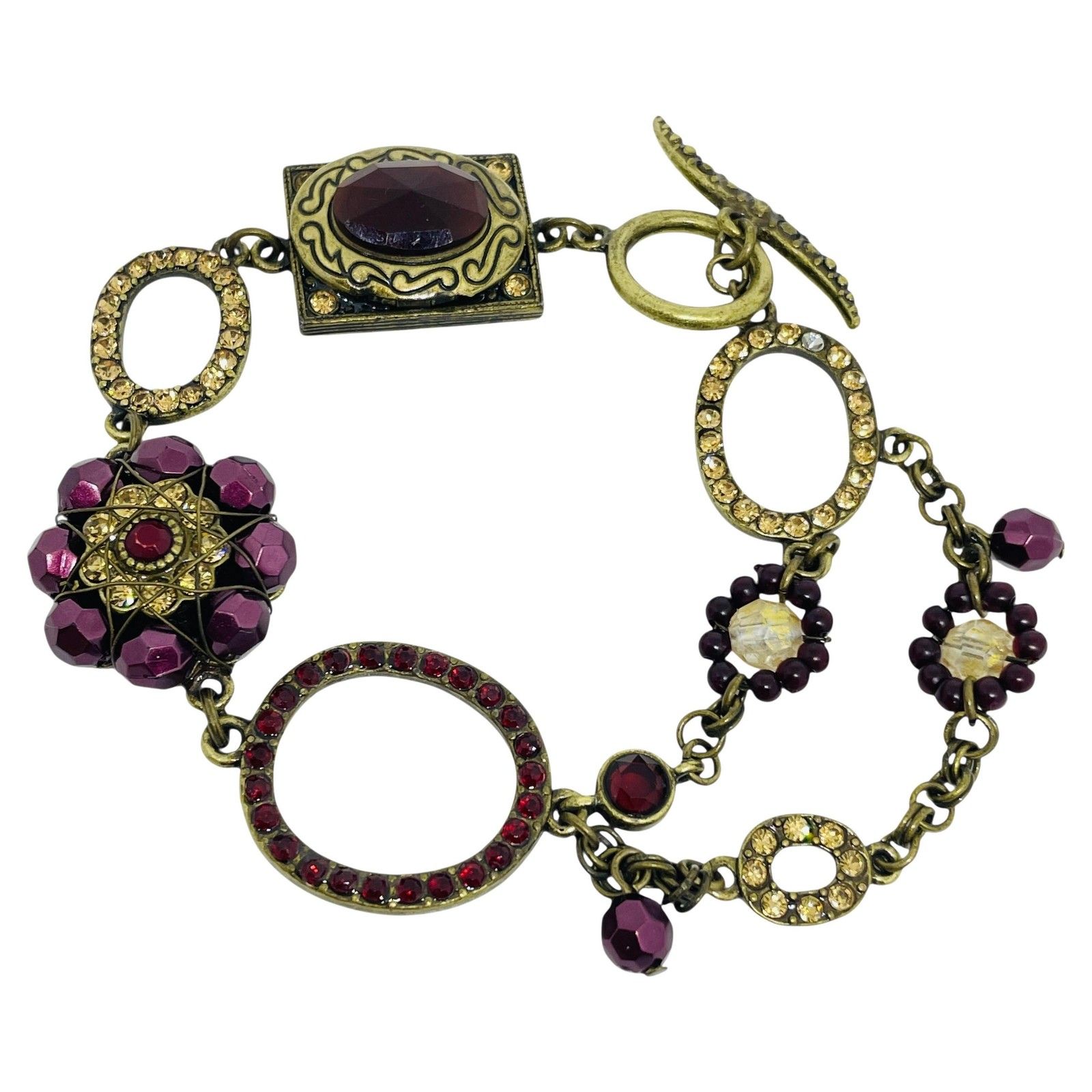 Vintage Gold Tone Rhinestone Glass Toggle Clasp Designer Bracelet
